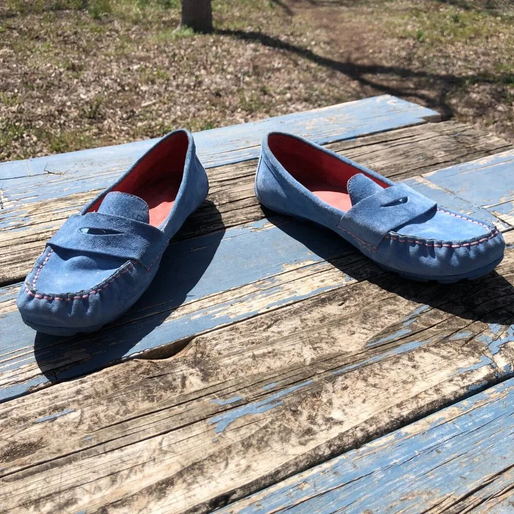 Womens Blue Suede Penny Loafers Moccasins, Size 9.5M